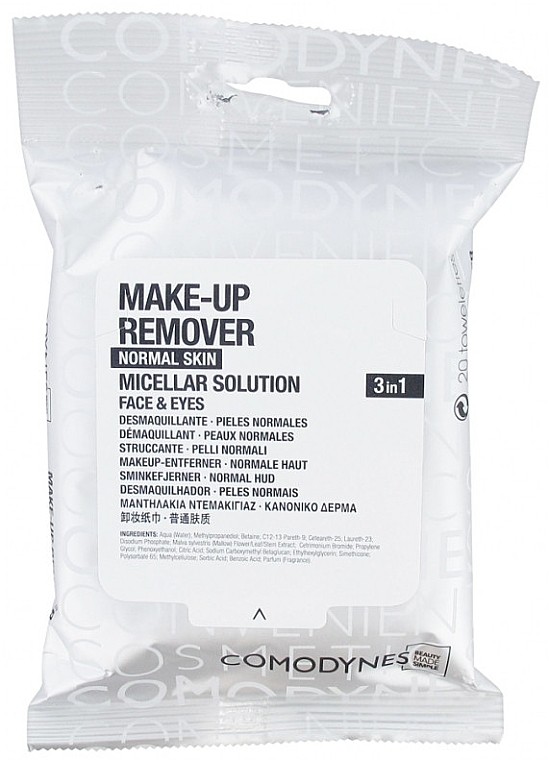 Серветки для очищення шкіри та демакіяжу для нормальної шкіри Make-up Remover Micellar Solution 3in1 Comodynes 1 уп — фото №1